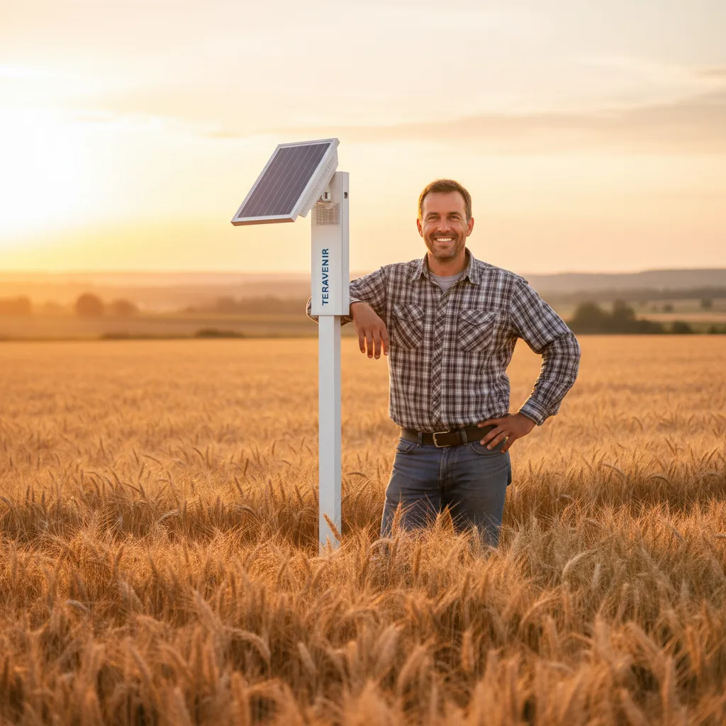 Agriculteur installant une sonde Teravenir dans un champ de blé