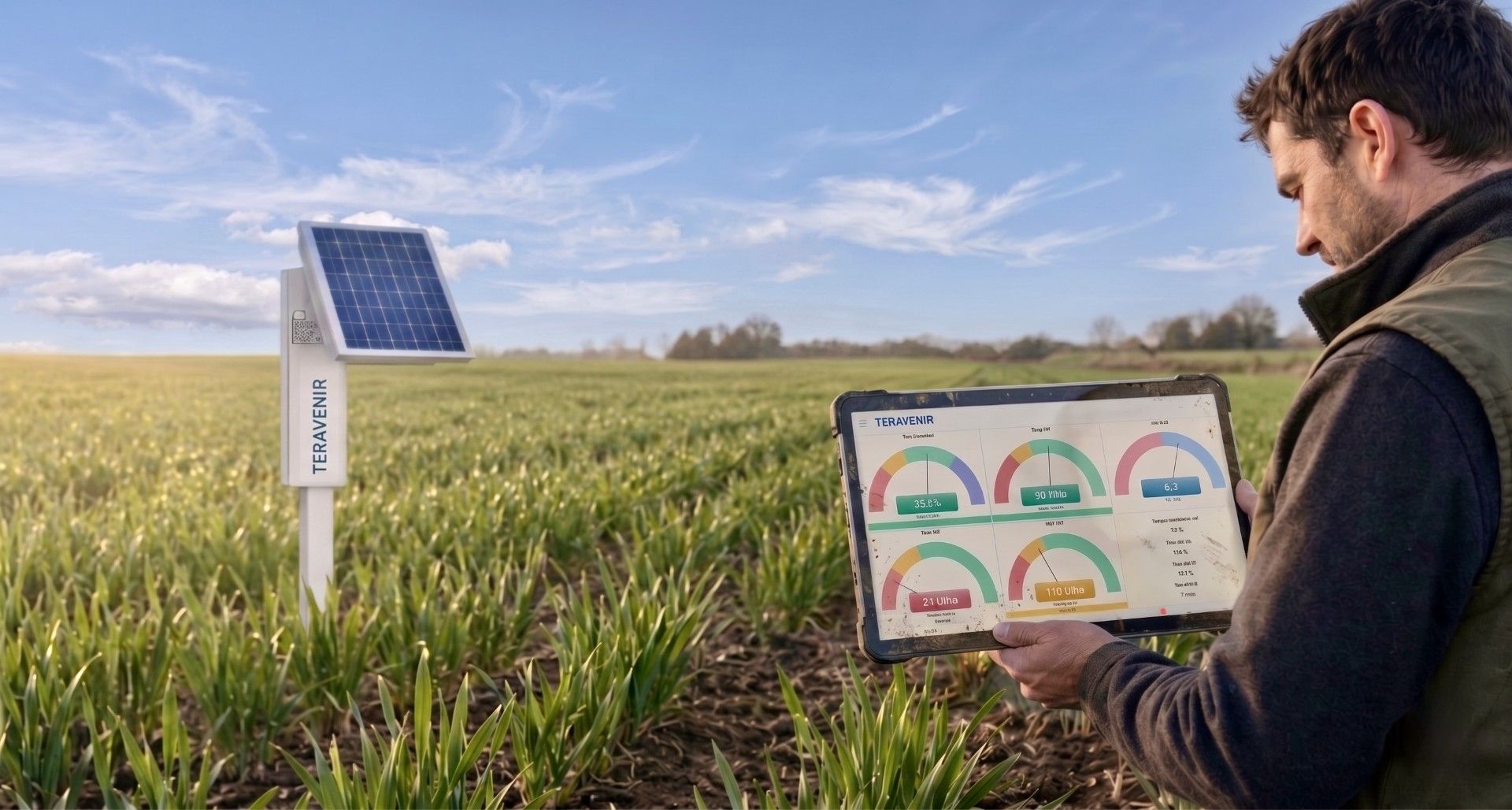 Vue stylisee de parcelles agricoles et de capteurs Teravenir